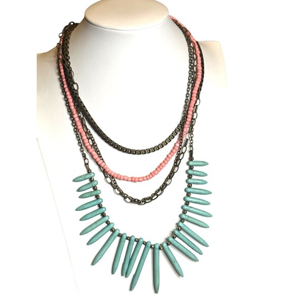 Layered Statement Necklace With Turquoise Spike Beads Pink Beads & Antique Bronz - Picture 1 of 7